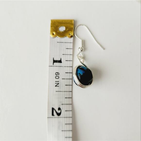 Blue Round Agate Stone Earrings, Silver-Plated Wire Wrapped Dangle Earrings - Picture 6 of 10